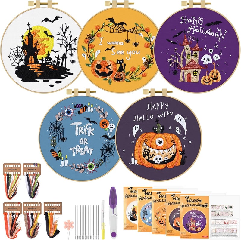ERKOON 5 Sets Embroidery Kit for Beginners, Halloween Cross Stitch Set DIY Starters Needlepoint with Easy Pattern Embroidery Cloth Hoops Threads for Craft Lover Hand Stitch - Image 1